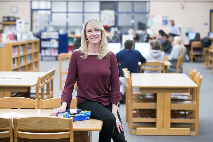 Kathy Kirn in a school media center