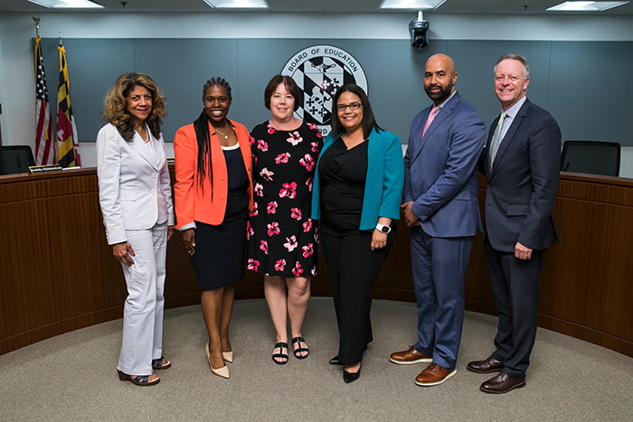 The HCPSS Board Chair and Superintendent join four HCPSS staff recognized for Teachers of Color Recruitment Event
