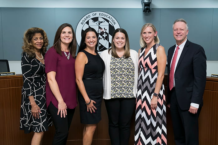 HCPSS Maryland Council of Teachers of Mathematics honorees with Superintendent Martirano and BOE Chair Mavis Ellis.