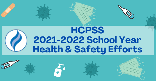 graphic of health concepts with text overlay: HCPSS 2021-2022 School Year Health & Safety Efforts