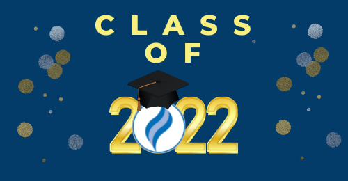 graphic with navy blue background and text stating, Class of 2022