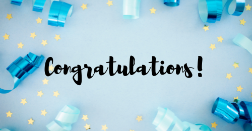 blue background with ribbon and confetti. Text overlay stating, Congratulations!