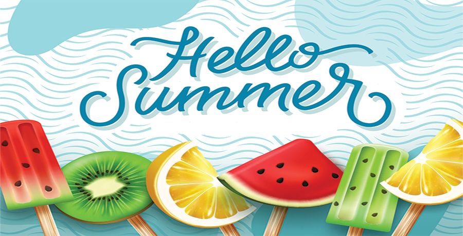 blue and white background; images of summer fruit on popsicle sticks; text stating Hello Summer