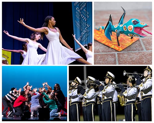 Collage: Examples of fine arts activities in HCPSS including dance, art, theater, and band.