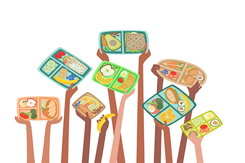 Cartoon graphic of Children hands holding up lunch boxes with healthy lunches food