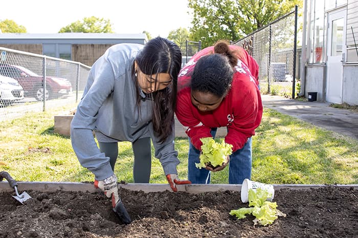 Two students digging in the soil.