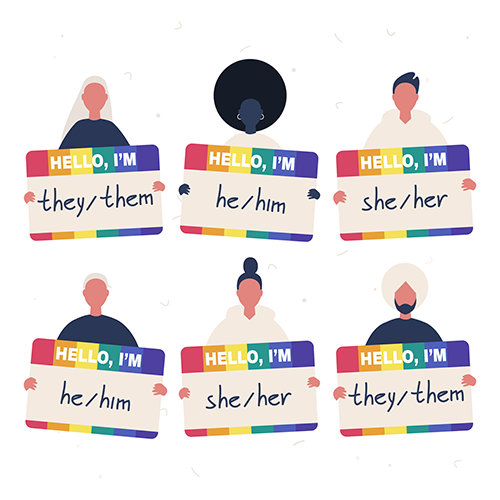 diverse characters holding rainbow badges with gender pronouns