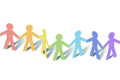 Paper cutout of people holding hands; Each person is a color of the rainbow