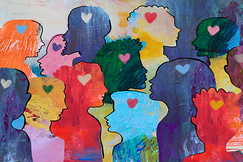 Group of loving diverse people profile view