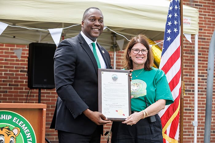 Howard County Executive Dr. Calvin Ball presented WFES Principal Dr. Debra O’Byrne with a proclamation declaring April 4 as West Friendship Elementary School Day in Howard County.