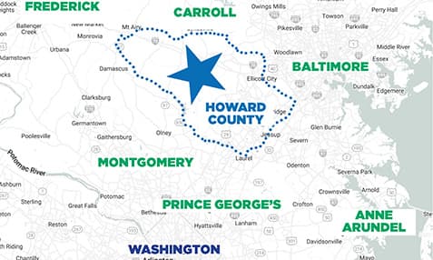 A map showing where Howard County is located.