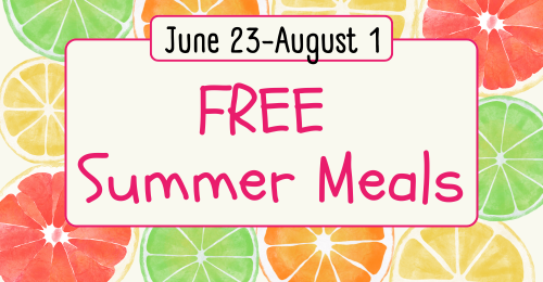 background of fruit slices. text reads: June 23-August 1 FREE Summer Meals