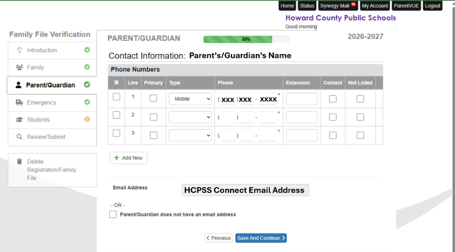 Synergy parent/guardian contact field.